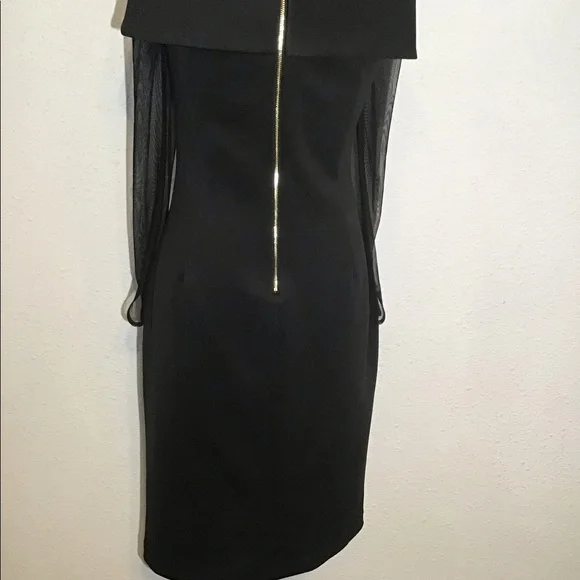 Calvin Klein black off shoulder fold over sheer sleeve sheath dress - Picture 8 of 8